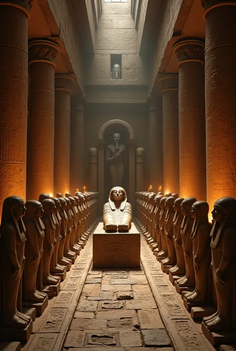 Ushabti statues in a tomb beside a mummy 