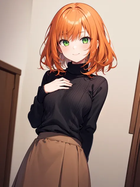  1 girl , solo,  orange hair, bob hair,  wavy hair ,Beautiful breasts, medium chest ,Black sweater, Brown Skirt ,Slanted Eyes,  green eyes, smiles, closes her mouth,A determined face, standing,Hands Behind Back, high definition ,  simple background , bedro...