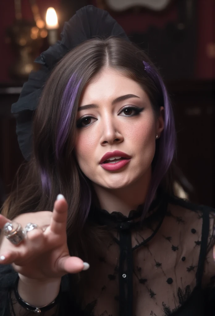 The image shows Chrissy taking a selfie, styled in a gothic fashion. Her hair is a mix of black and purple, with the colors blending in streaks or sections. She is wearing various pieces of jewelry, such as rings, Choker, or bracelets, but notably has no p...