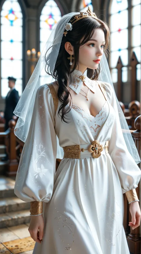 A masterpiece,  dressed woman in white dress and veil,  walking down a church aisle ,  cyberpunk art inspired by WLOP ,  CGSociety competition winner , Fantasy Art, Wlop jeremy lipkin, dressed in white robes , Karol behind uhd, dressed like a clergyman, Wl...