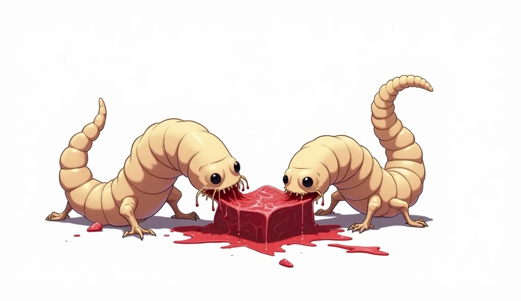 Anime,  2 maggots  eating a small piece of meat, The background is white 