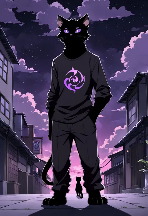 A Furry Cat with fluff black, being tall and thin and having paws and having purple eyes and having black hair and being male and wearing a black shirt with a small purple fire symbol on the black shirt and wearing black pants and standing in the backgroun...