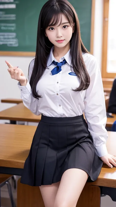 Best Quality、High resolution、A beautiful high school girl spreads her legs to show off her pussy、Long Black Hair、Firm breasts、Student Uniform,Blue collared long sleeve shirt、mini skirt、Great style、nsfw, sitting on desk, legs wide open:1.5, Pussy:1.5, Detai...