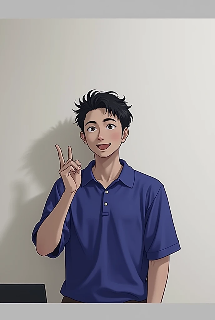 「 the person wearing a blue polo shirt is pointing 、 with a friendly smile pointing at something above with her right hand。 The left shoulder background is a simple light-colored wall 。 in a natural pose 、Just like『This is the point of the photo directly a...