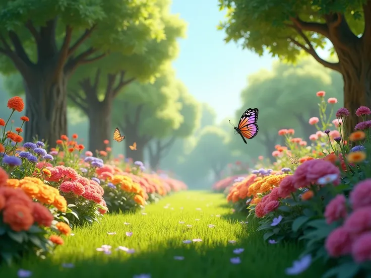 A vibrant and colorful garden filled with blooming flowers, green grass, and butterflies flying around.) 3d animation disney inspired