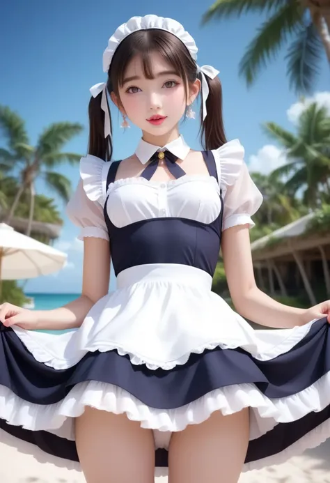 ( Hyperrealism:1.5),,(Loli girl), , , eyes are delicate and delicate,(  wearing a maid dress,),skirt_lift, smooth skin ,, shiny skin,，Wet,，beach，  plenty of sunshine ，So line ,plant，Movie Angle,  papillapuffy,,Low Angle of View， Ultra HD, masterpiece ,  he...