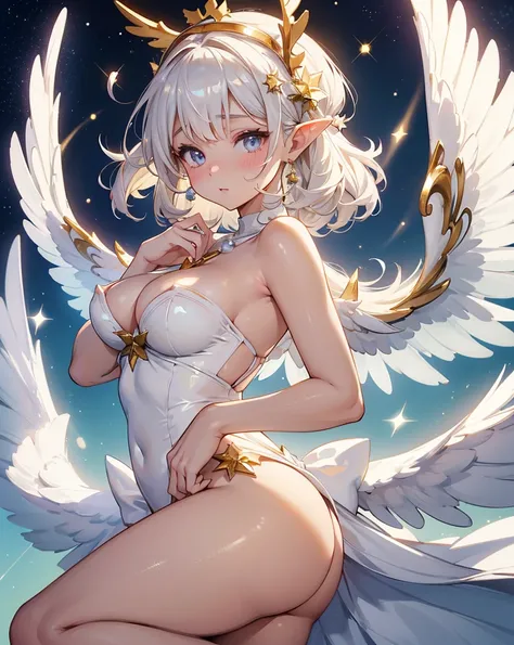 Create a woman, dressed as a Christmas angel, with pearl white, soft gold, and pastel colors, volando mientras sostiene una estrella, with big fluffy wings, shiny halos, and light garlands. Very sexy, half naked, 34C tits and big ass, draw her in lingerie,...