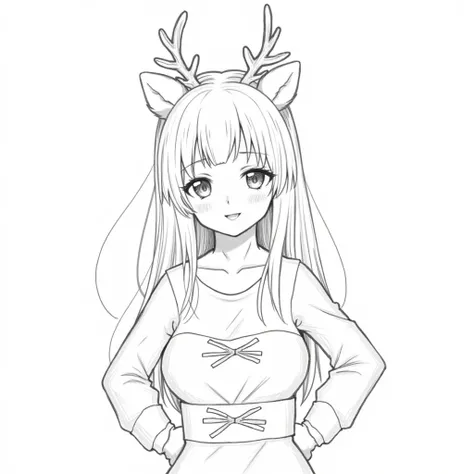 Miku Nakano, Rudolphs Christmas outfit,  Looking at the viewer, smile,  redhead, Tierohren,  Open mouth, Tierhörner, Pencil drawing, contour,  black and white,  the quintessential quintuplets, 1 girl, Alone, Breasts,  redhead, smile,  long hair, 