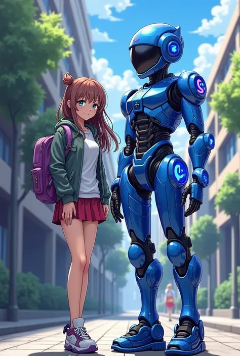 A high school girl and her friend cyborg in blue chrome with neon lights,anime style art.