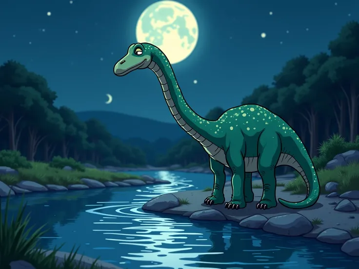 cartoon style: A sleepy  tall diplodocus (Dippy) lowering his long neck to drink from a sparkling river. The moonlight reflects on the water, and the riverbank is lined with smooth stones and lush plants.