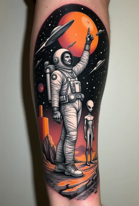 Create a realistic tattoo on a forearm in black and gray. 
 Create beautiful skies with an orange planet ,  a flying saucer and lots of stars and comets . many stars in the sky. Create everything in an extremely realistic forearm tattoo.
Create strong line...