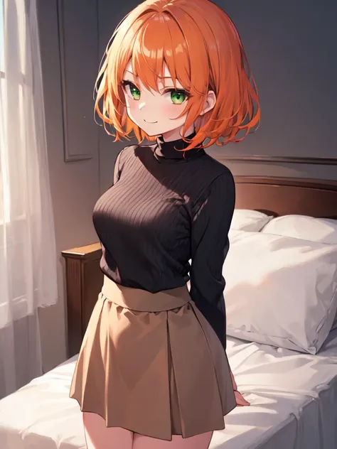  1 girl , solo,  orange hair, bob hair,  wavy hair ,Beautiful breasts, medium chest ,Black sweater, Brown Skirt ,Slanted Eyes,  green eyes, smiles, closes her mouth,A determined face, standing,Hands Behind Back, high definition ,  simple background , bedro...