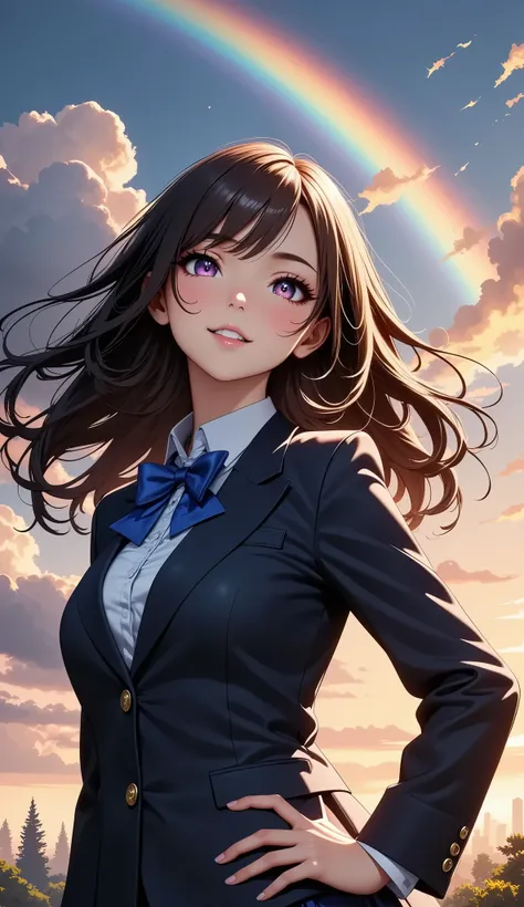 Girl looking up at rainbow:1.2,  complex details,  very detailed, Dramatic lighting, 輝く瞳,  Detailed Facial Features ,  flowing hair , (Navy blue blazer,  shirt ,  bow tie,  pleated skirt , Girls&#39; School Uniform),  mystical atmosphere ,  Magic Hour, (Sw...