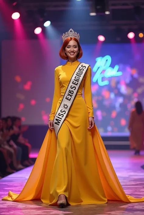 In the middle of the luxurious fashion show stage with colored lights with stands, clearly neon text " Miss ess 2025 riau" bold embossed letters are visible, there is a full body of a beautiful young woman hijabers with short red hair, a crown, a beautiful...