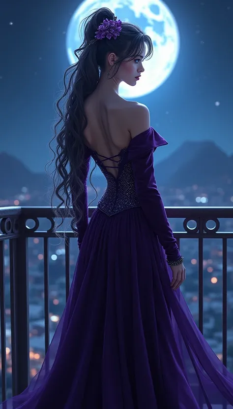 This is a digital painting in a highly detailed, hyper-realistic style drawing mode, a mysterious and alluring woman with long wavy midnight-blue hair, starry silver eyes, and pale moonlit skin, wearing a deep purple velvet gown with a plunging neckline an...