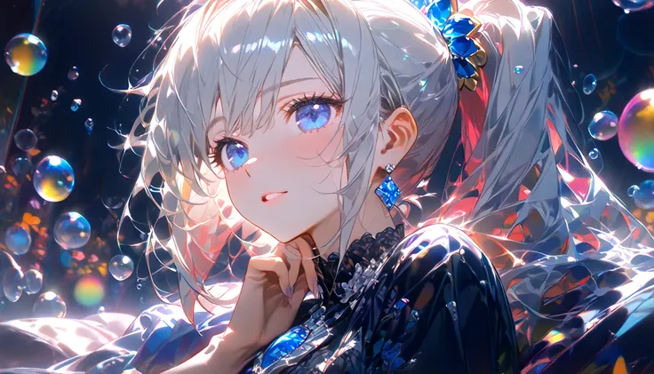 HD 8k Handsome sexy-cute, 1 Human focus female Medium Length Rainbow hair white hair Ponytail, blue eyes, looking away (highest quality, sexy aesthetic:1.2), background is palace lost of gems bed , Oil painting, chromatic aberration, lens flare,(bubbles:1....