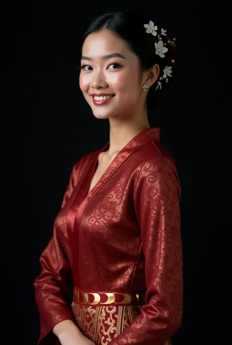 Bergaya photography anggun, young and beautiful Sundanese woman , black hair in elegant bun , clean skin ,ideal chest , with graceful silver flower decoration ,wearing sexy indonesian kebaya in lacy brocade material, style bride style modern traditional co...