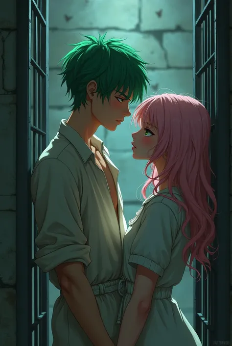  A handsome boy with bright green hair in a jumpsuit who went to jail under a disgraceful framing( Height 169 cm) Girl with pretty pink hair (Height 167 cm ).