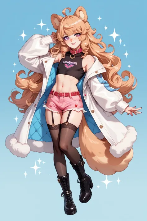 femboy, pomeranian dogboy, pomeranian dog ears, short curly hair, strawberry blond hair, purple eyes, beauty marks, moles, freckles, masterpiece, best quality, character sheet, pomeranian tail, full body, fully clothed, male clothes, Diva, Thigh high stock...