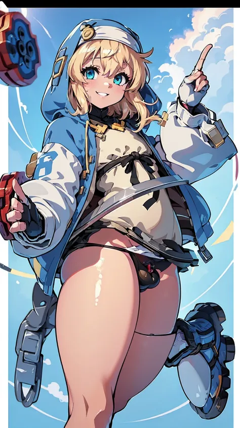 ( best quality , 8k, 32K, masterpiece,  super high resolution:1.2),  Guilty Gear, Bridget, Blonde,  long hair,  Tiny Bodies, fun,  cute smile, Flying yoyo wire,  Blue Sister Clothes ,  flat chested, Daughter of a man, panties small phimosis penis,  stick o...