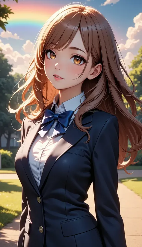 Girl looking up at rainbow:1.2,  complex details,  very detailed, Dramatic lighting, 輝く瞳,  Detailed Facial Features ,  flowing hair , (Navy blue blazer,  shirt ,  bow tie,  pleated skirt , Girls&#39; School Uniform),  mystical atmosphere ,  Magic Hour, (Sw...