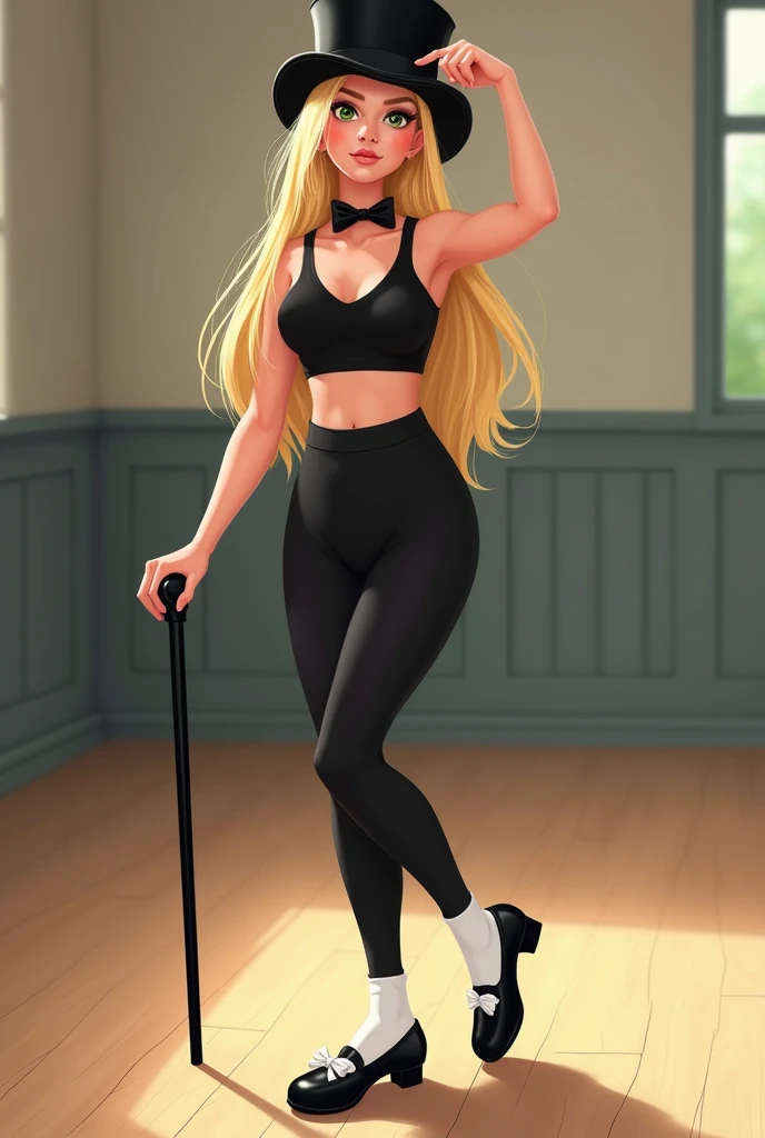 Create avatar of design teacher Denise, blonde, friendly, smart, drawing perspectives, Bullish, green cat eyes, Long, straight hair, wearing black crop top, black leggings, black Mary Jane tap shoes with white socks, while tap dancing sexy, practicing at a...