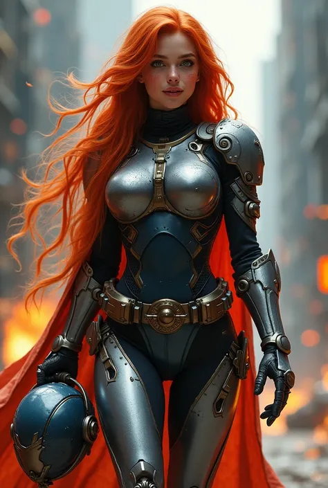 score_9, score_8_up, score_7_up, (1 girl), hourglass body, thin waist, (thick thighs: 1.3), wide hips, surreal beauty, beautiful and cute face, attractive, blue eyes, smile, long red hair, freckles , messy hair, futuristic armor, holding helmet with one ha...