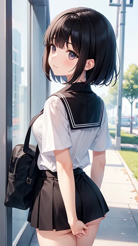 The butt of a standing schoolgirl with short black hair wearing a short-sleeved white shirt blouse and a black very short skirt in the schoolyard