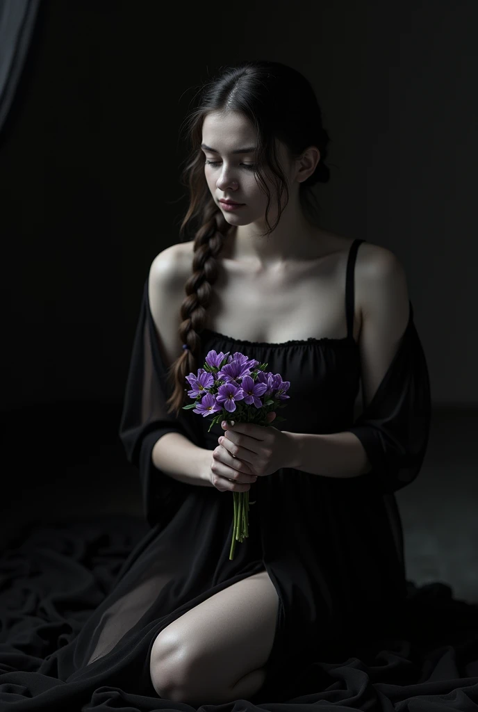 Une femme blanche cheveux châtains très foncés 25 ans  cheveux avec une natte sur une épaule  à genoux avec une longue nuisette noire fendue transparente tendant respectueusement un bouquet de violettes. Regard baissé, ne sourit pas. La photo en noir et bl...