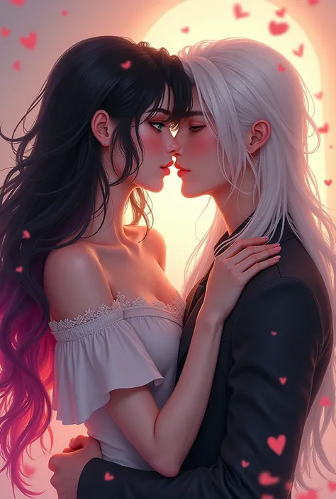  Create an image of a 20-year-old woman, long-haired black and pink ,  green eyes ,  kissing a 20-year-old boy , long haired and white.