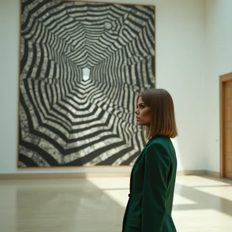  woman with light brown shoulder-length straight hair, Size: 165cm, Weight: 58kg,  her face is a bit plump, she doesn&#39;t smile, She is standing in a large bright museum in front of a very large black and white picture of M. c. Escher, she is wearing a g...