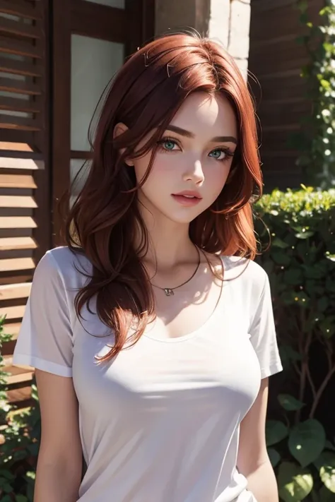 girl, reddish hair,  long hair , with intense green eyes ,Rose-painted lips, ultra detailed face ,, ultra real eyes3D ,neckline,erect breasts,cold breasts , big breasts with attached t-shirt,  transparent V-shaped t-shirt , semi-transparent white t-shirt ,...