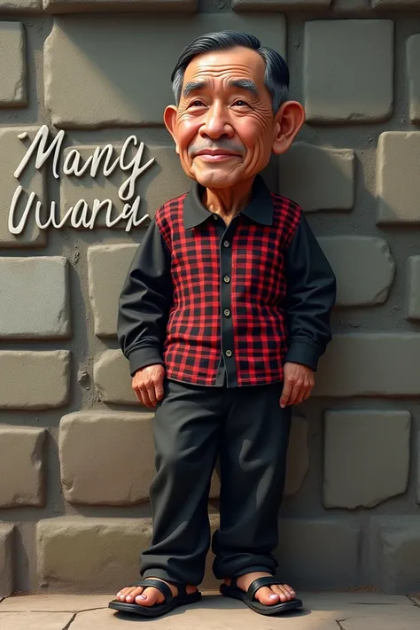 4d logo name, (MANG UJANG), men 70 year old, Indonesian male caricature, with a skin color similar to a real human, short black hair, clear wrinkles, wearing a black and red checkered panel shirt and pants and shoes, posing leaning against a stone wall, th...