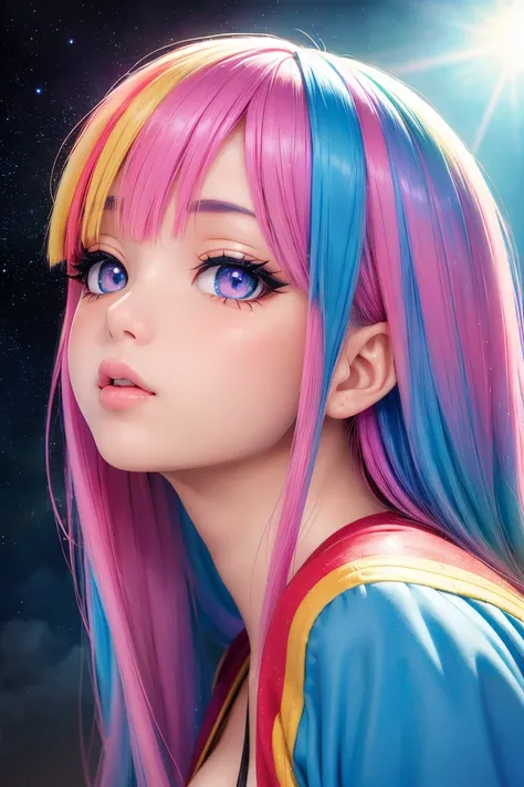 (Asian girl:1.3), beautiful detailed eyes, beautiful detailed lips, extremely detailed eyes and face, long eyelashes, upper body, from side, looking at viewer, (fractal art:1.3), (rainbow color hair, colorful hair, half blue and half pink hair:1.2), water,...