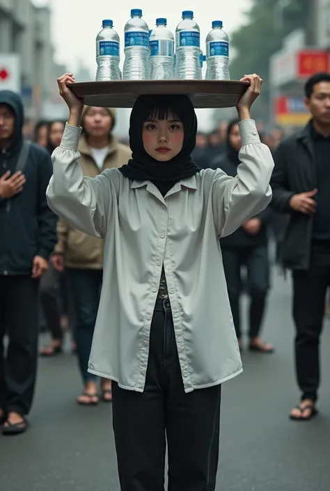  A beautiful Japanese woman in white wearing a hijab , long sleeved shirt dress is messy like a hard man, black jeans, flip flops, was standing in the middle of a crowd of people ,both hands of the woman holding the tray over her head the tray contained 4 ...