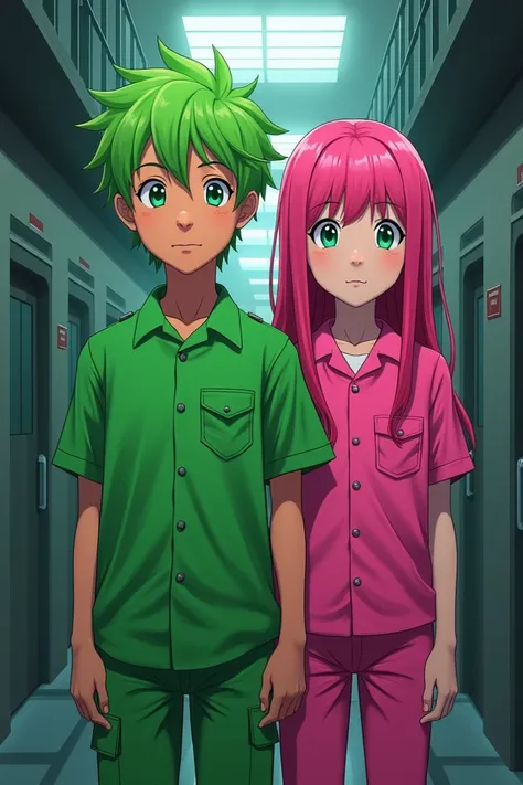 A boy with bright green hair in a bright green prison suit and a girl with pink hair in a pink prison suit who went to jail under a disgraceful framing