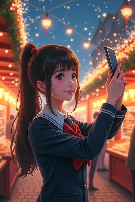 Girls Ponytail Uniform Asian European Herbal Smartphone Selfie Style 
Christmas market illuminated in the background 