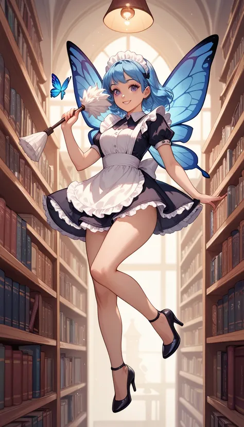  maid ,  long blue hair , purple eyes,  smiling,  holds a duster , exposed thighs, Butterfly wings on the back, Cleaning library , flying, flying,flying,  high heels , linda, perfect anatomy, Lamps , books,  high quality , clear, sexy feminine beauty