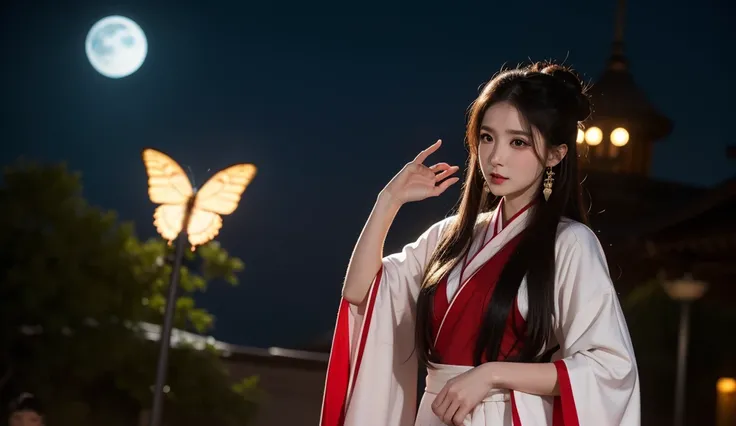 A cute cartoon girl wearing a hanfu dress, a butterfly, and earrings at night in a fantasy setting with black hair and red eyes