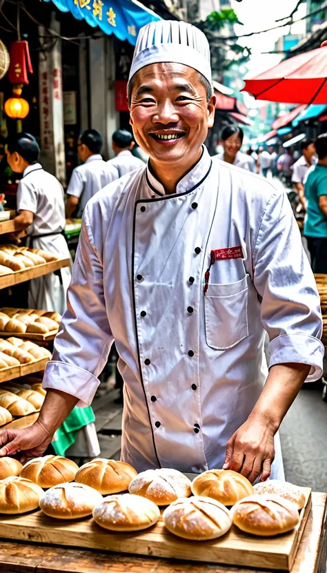 A middle-aged Chinese man named  Mr. Ba, wearing a white chefs outfit and a cheerful smile, is setting up a small bread stall in a bustling Saigon street. The stall is simple but tidy, with a wooden counter displaying fresh baguettes. The background shows ...