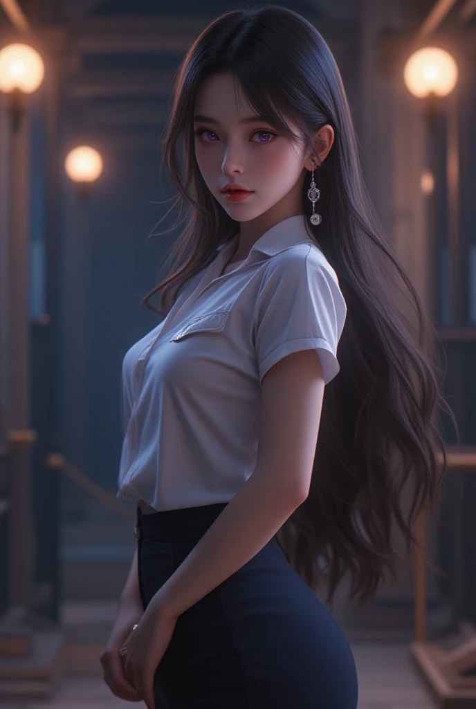 (Masterpiece), (best quality:1.5), cinematic lighting, ferpect lighting,Glowing skin, 1girl, solo, long hair, black hair, Bangs, purple eyes, Double eyelids, standing, full body, big breasts:1.3, shagging breasts, pouting, School uniforms, Short sleeve, Pe...