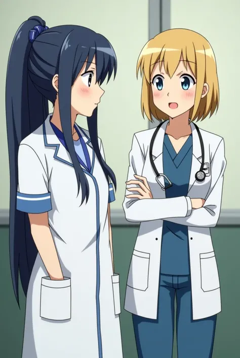  the nurse and the doctor keep talking about the studies they should do to the patient anime version with the fixed seed 588674620 the doctor has long, dark blue hair and wears it in a ponytail, The nurse has short straight and blond hair 