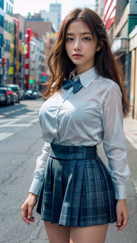 a beautiful 18 year old Japanese high school girl with perfect anatomy, healthy thighs, beautiful legs, beautiful skin, random hair color and style, large breasts, (wearing a Japanese schoolgirl uniform:1.3), (she is standing:1.2), penny loafers, holding a...