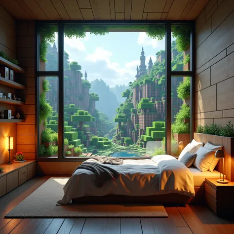 A  minecraft image, cool bed room,  minecraft house, big window to see the  minecraft village , this bed theme as a minecraft video game, minecraft world bed room, minecraft style image, minecraft world, minecraft block type image