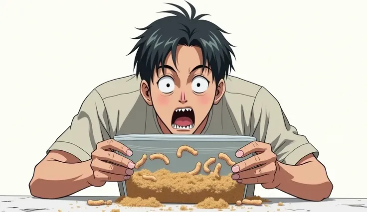 Anime,  a man putting  maggots in a plastic container that has sawdust , The background is whiteOpen Mouth, 