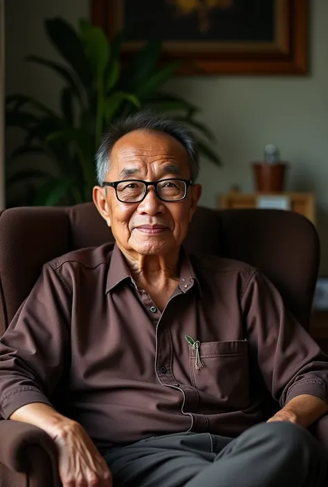 "A photograph of a 50-year-old Thai men wearing glasses, sitting on a chair in the home."