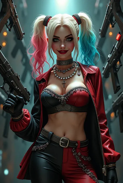 Harley Queen with a black background and with lots of jewels and guns