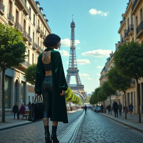  Behind view on a street overlooking the Eiffel Tower in front,  two rustic buildings on the sides , stone floor, trees in front , Woman from behind, short black wavy hair, all tattooed, ATHLETIC BODY,  she wears a large dark green velvet jacket ,  black p...