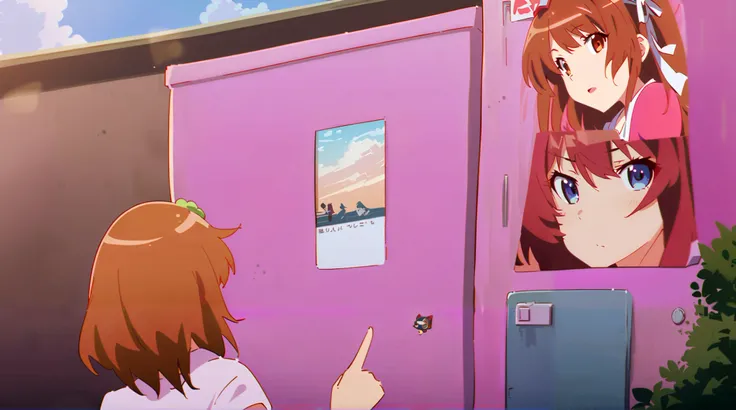 There is an Asuka Iwakura Station game where an anime girl with long dark hair touching a red locker ,  wears a ring。, index finger, Giantess Art,  A woman in a mask receiving a massage at a  , Bakemonogatari, | Detailed anime ,   style redline animation f...