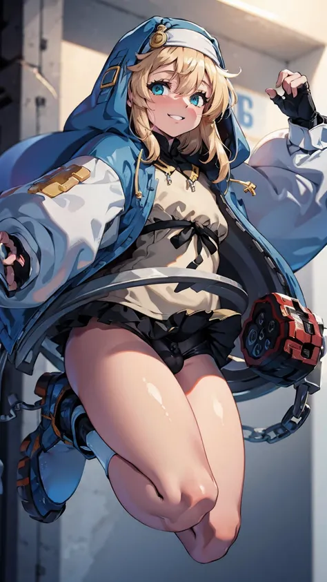 ( best quality , 8k, 32K, masterpiece,  super high resolution:1.2),  Guilty Gear, Bridget, Blonde,  long hair,  Tiny Bodies, fun,  cute smile, Flying yoyo and white wire,  Blue Sister Clothes ,  flat chested, Daughter of a man, panties small phimosis penis...